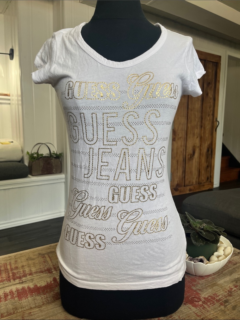 GUESS White Short Sleeve Tee with Gold Stud Logo